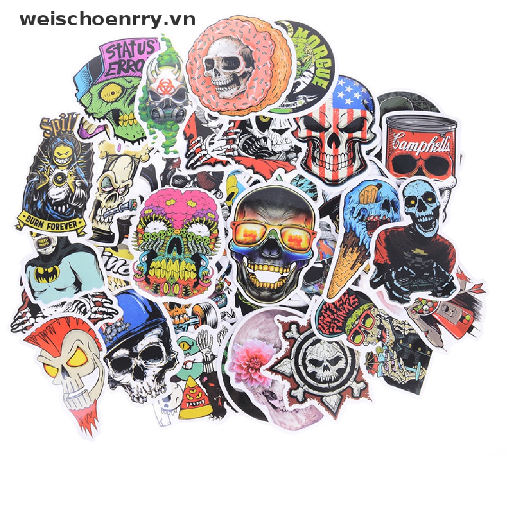 Bộ 50 Sticker Đầu Lâu Nhiều Màu Sắc Dùng Trang Trí Ván Trượt