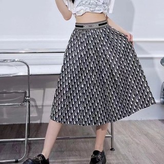 D-IOR full-body letter jacquard ribbon waist stitching mid-length skirt
