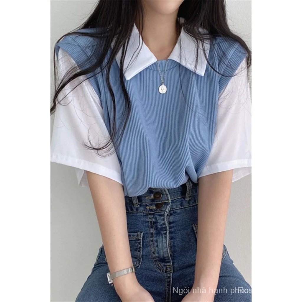 Áo Thun polo Ngắn Tay Giả Hai Lớp Phong Cách preppy Thường Ngày Dành Cho Nữ