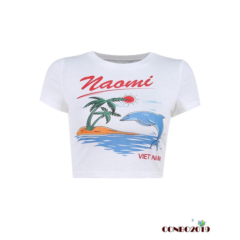Áo Thun Crop Top Tay Ngắn Cổ Tròn In Chữ Thời Trang Mùa Hè Cho Nữ