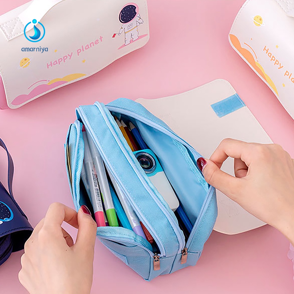 (Shop Amart) Túi Đựng Bút 2 Ngăn Đa Năng Bằng Vải Canvas In Hình Phi Hành Gia