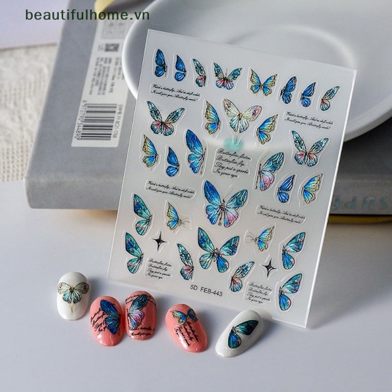 1 Tờ Sticker Dán Móng Tay Hình Bướm Màu Gradient 5D