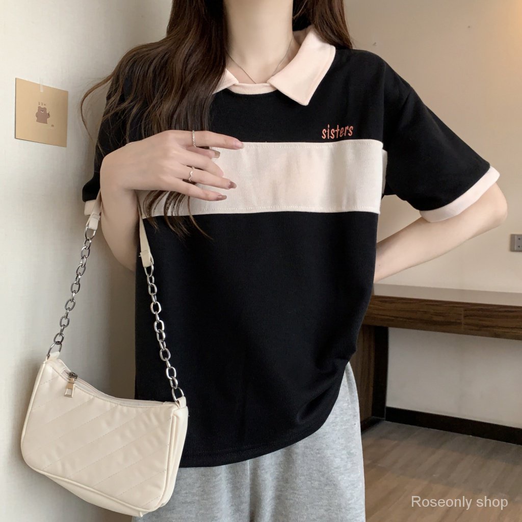 Áo Thun polo Giả Hai Mảnh Cotton Dáng Rộng Tay Ngắn Phong Cách Preppy Mùa Hè Dễ Phối Đồ Cho Nữ
