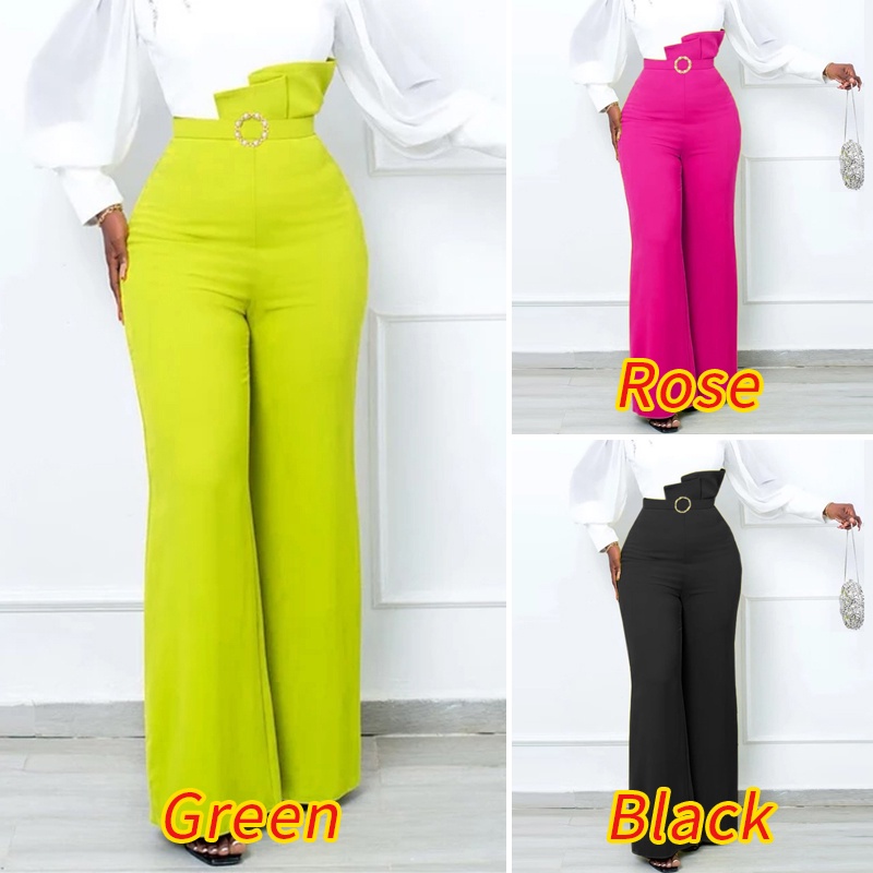 Quần Dài Ống Loe Viền Nhún Bèo Màu Trơn Kiểu Vintage Thời Trang Cho Bạn Gái