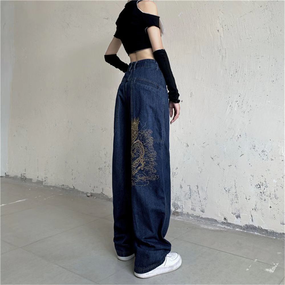 Quần Jeans Nữ Lưng Cao Ống Rộng Thêu Hoa Thời Trang