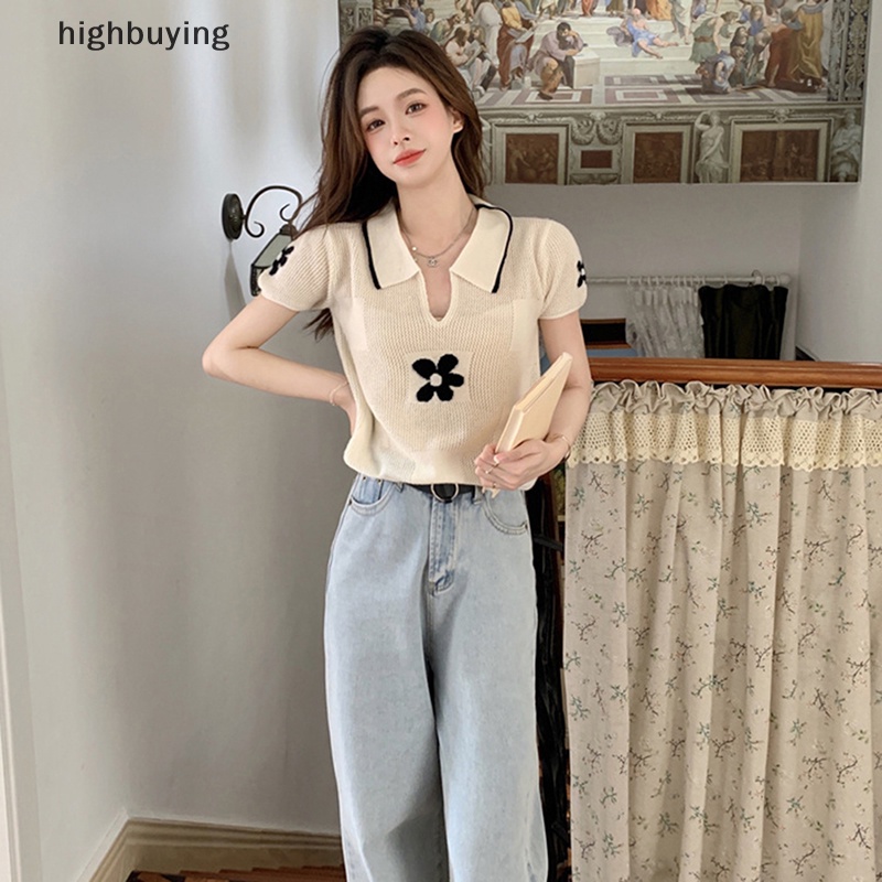Áo Thun Croptop Dệt Kim Tay Ngắn Thêu Hoa Kiểu Retro Thời Trang Mùa Hè Cho Nữ