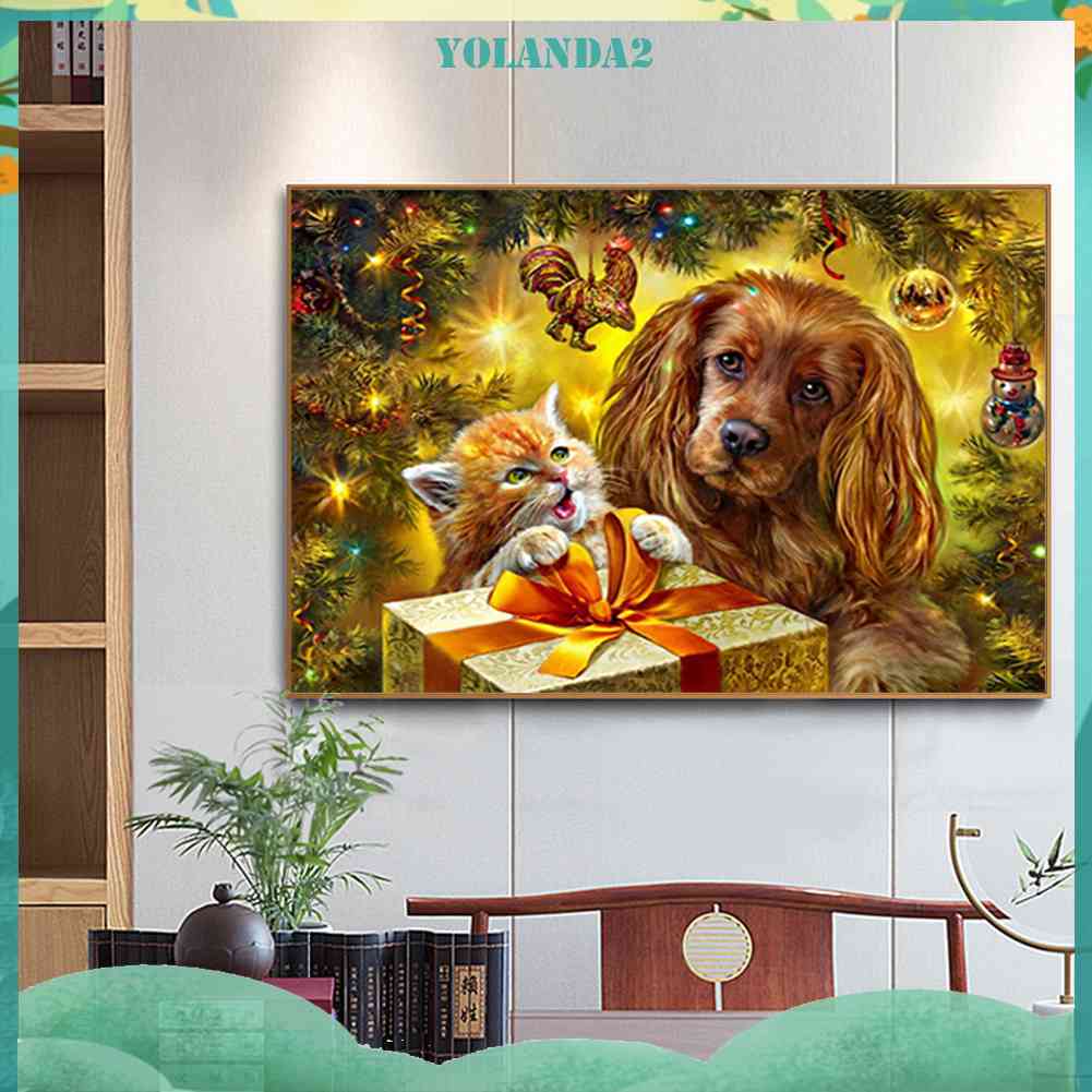 Tranh Đính Đá Kim Cương Toàn Bộ 5D DIY Hình Chó Mèo Giáng Sinh