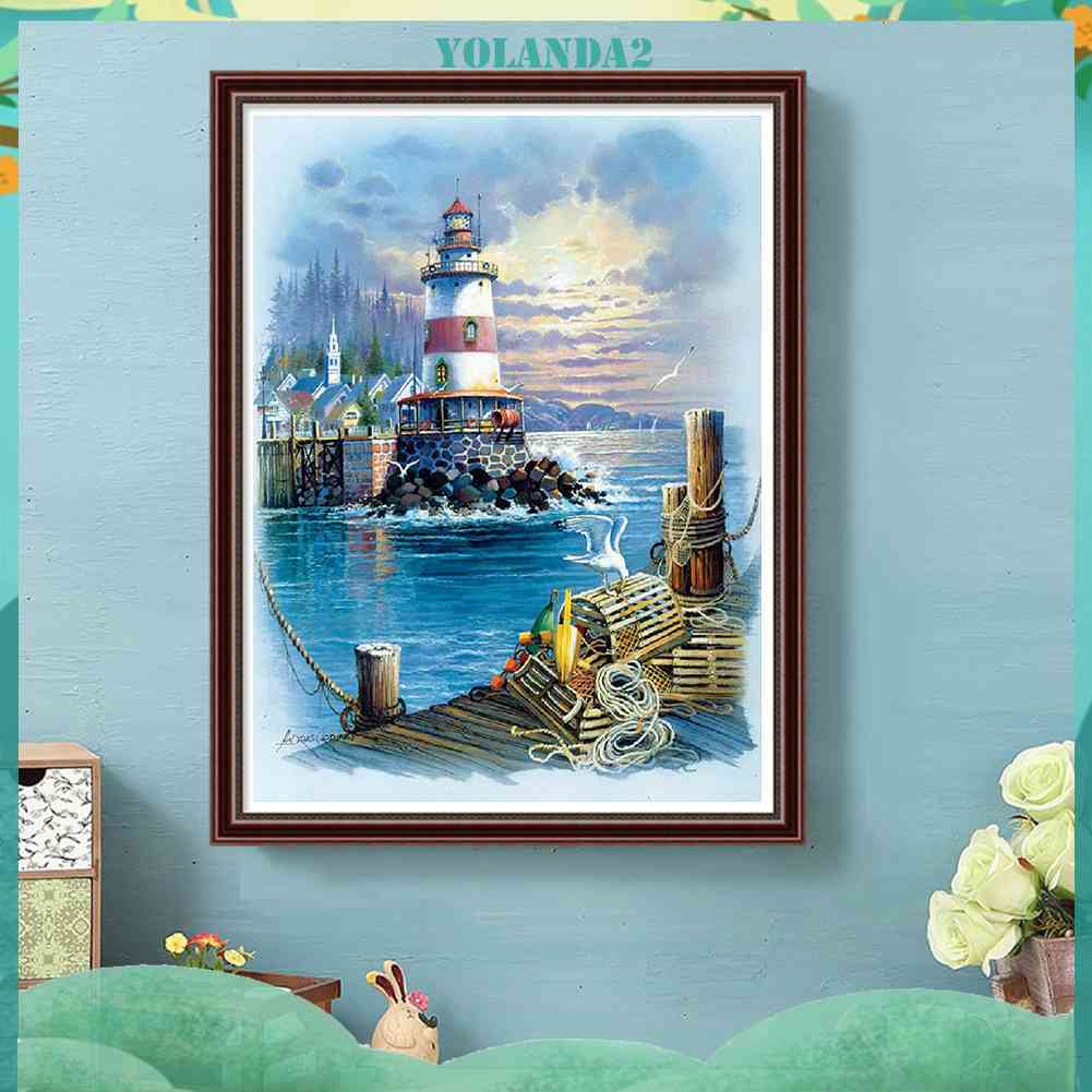 Tranh Thêu Trang Trí Thủ Công 5D Hình Ngọn Hải Đăng Biển (Mũi Thêu Hình X