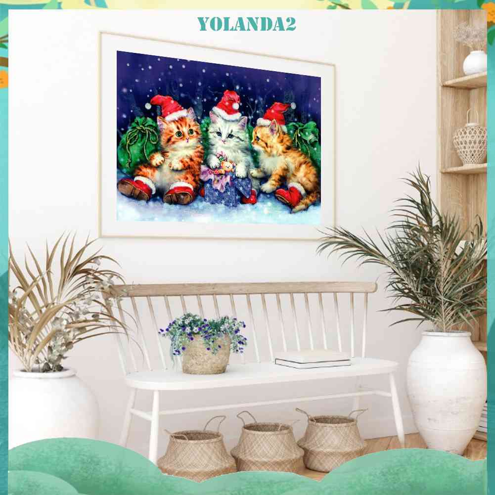 Tranh Đính Đá Kim Cương Toàn Bộ 5D DIY Hình Vẽ Mèo Giáng Sinh