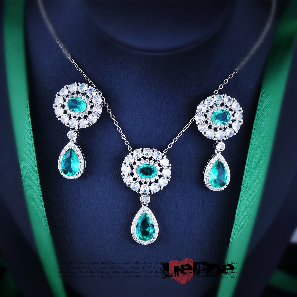 ♥ Bộ Dây Chuyền + Bông Tai Dáng Dài Đính Pha Lê Hình Giọt Nước Màu Xanh Lá Cây Phong Cách Baroque
