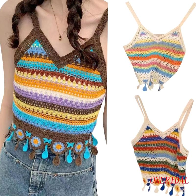 Áo Crop Top Dệt Kim Dáng Rộng Họa Tiết Kẻ Sọc Cầu Vồng Phối Tua Rua Thời Trang Cho Nữ