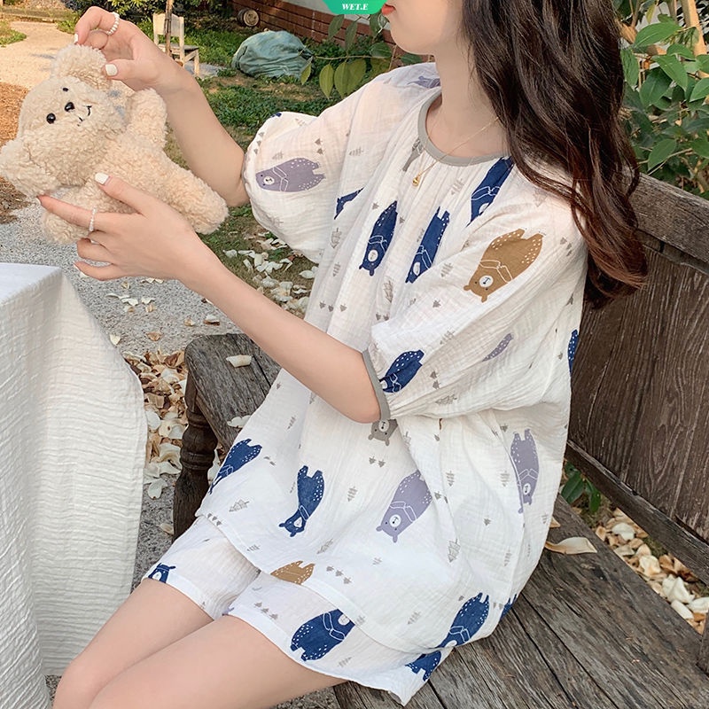 Bộ Đồ Ngủ Tay Ngắn Cổ Tròn In Hình Gấu Dễ Thương Thời Trang Mùa Hè 2023 Phong Cách Nhật Bản Cho Nữ