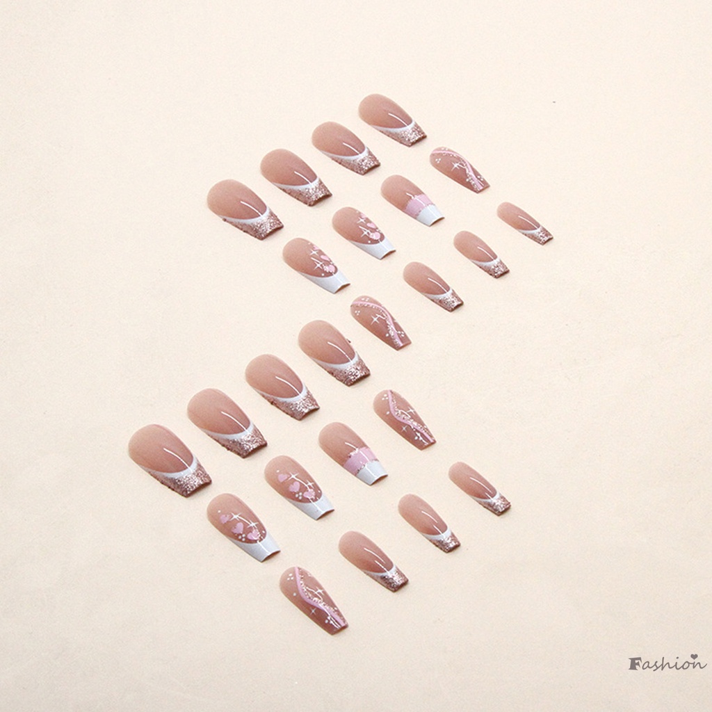 Móng Tay Giả Dài Màu Hồng Đính Kim Sa Viền Trắng Che Phủ Toàn Diện Có Thể Tái Sử Dụng