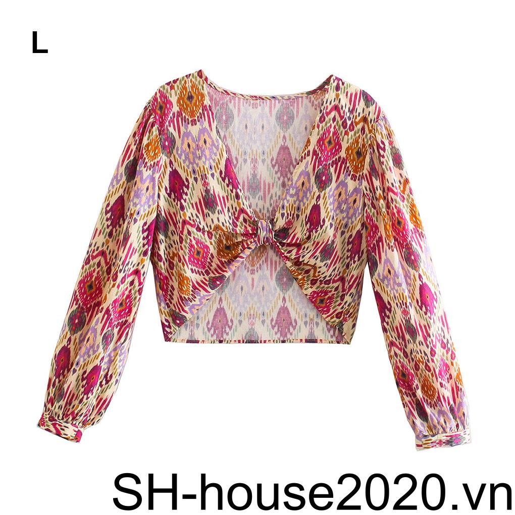 Bộ Áo In Hoa Ngắn Tay + Chân Váy Lưng Cao Thắt Nút Thời Trang Đường Phố Cho Nữ