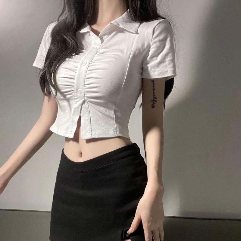 COZOK Áo Sơ Mi Ngắn Tay Cổ Bẻ Xếp Ly Eo Thắt Dây Phong Cách