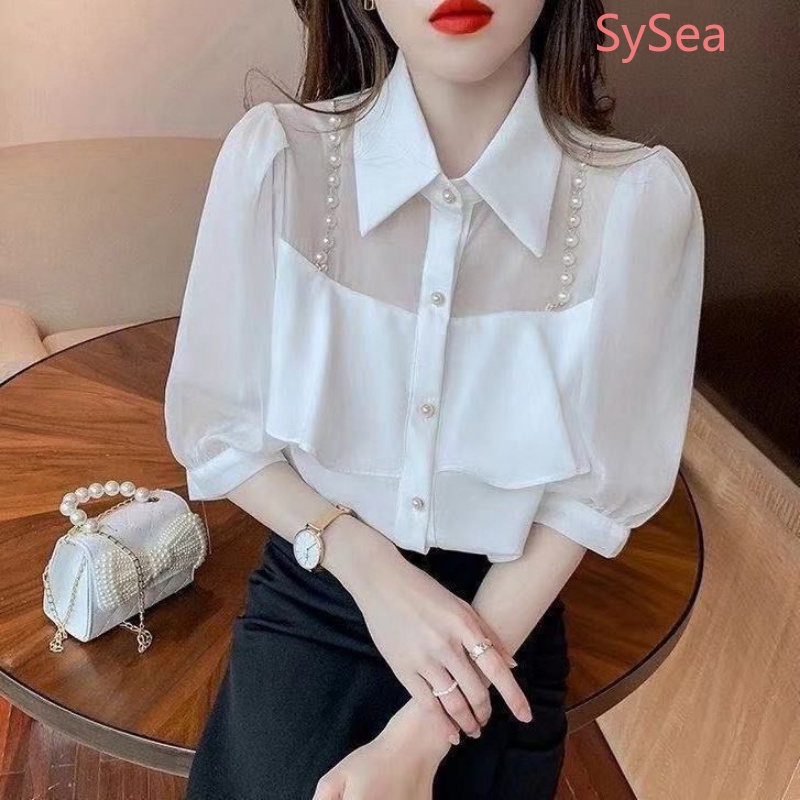 Áo Sơ Mi Voan Phối Ren Bèo Nhún Thanh Lịch Thời Trang Cho Nữ