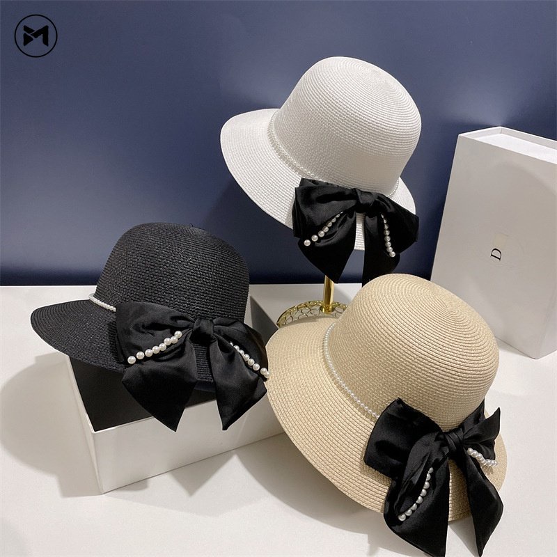 Mũ Cói Rộng Vành Chống Nắng Thắt Nơ Đính Ngọc Trai Phong Cách Pháp Hàng Mới 2023 Dành Cho Bạn Nữ Đi Biển