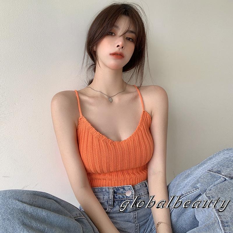 Gb-áo Dệt Kim Hai Dây Màu Trơn Ôm Dáng Một Kích Thước Cho Nữ