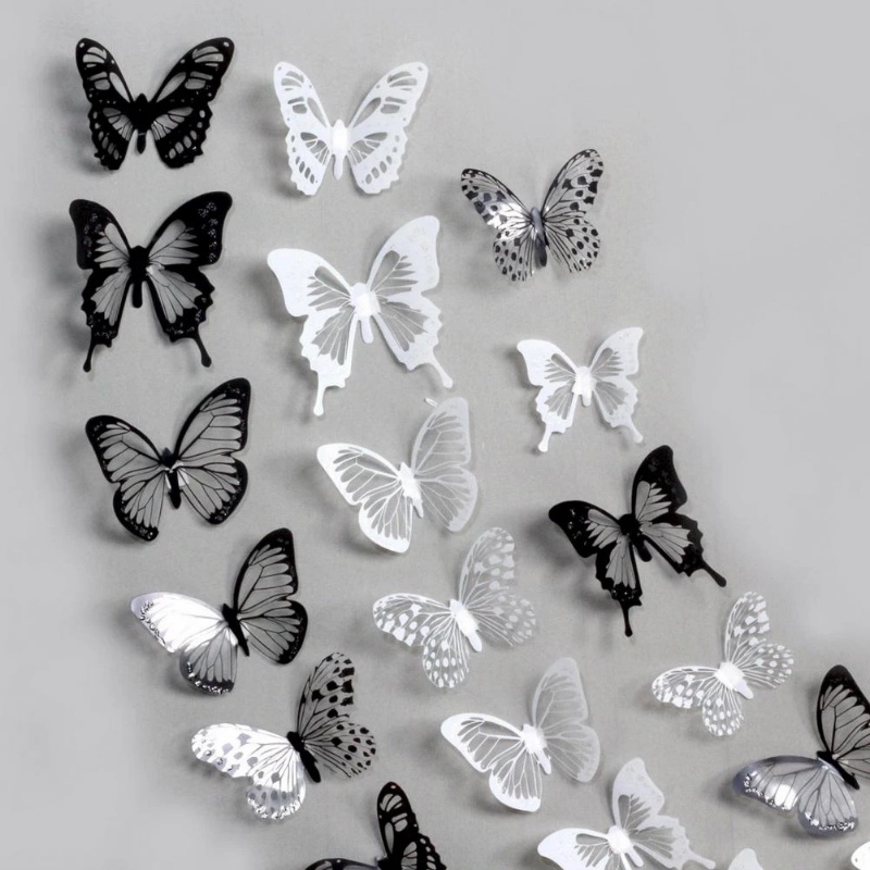 Set 18 Miếng Dán Tường Trang Trí Hình Bướm 3D Màu Trắng Đen Dành Cho Phòng Khách / Phòng Ngủ / Tiệc Cưới