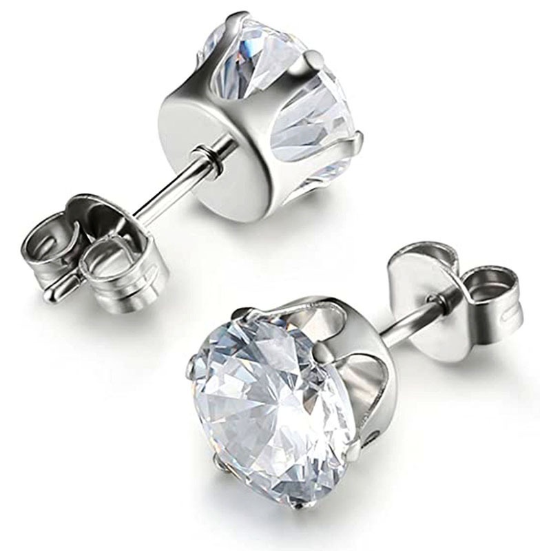 Bông Tai Inox 316 Hình Vương Miện Sáu Móng Đính Đá Zircon Sang Trọng