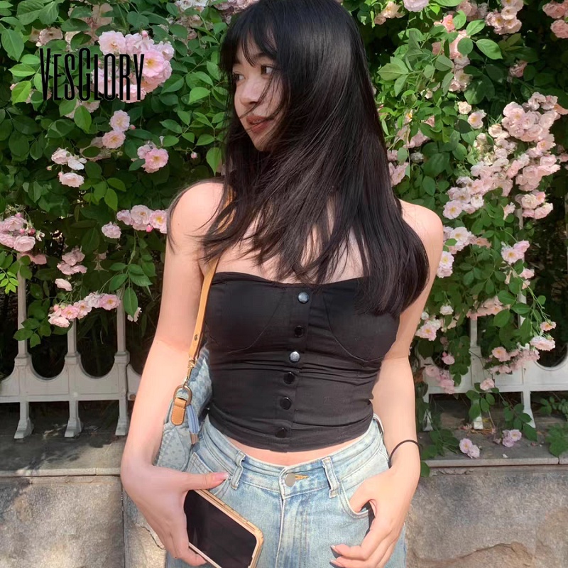 Áo ống VESGLORY màu trơn hở vai xẻ sâu cài nút đơn giản dễ phối đồ cho nữ