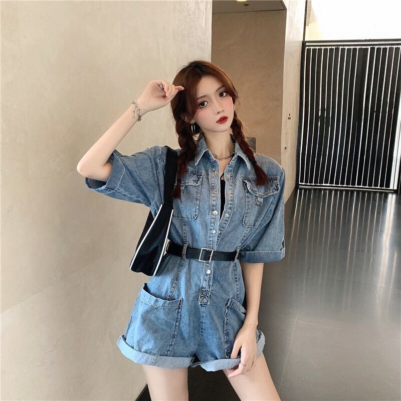 Áo Liền Quần Denim Eo Cao Dáng Ngắn Ôm Sát Phối Túi Trẻ Trung Hợp Thời Trang Hè 2023 Cho Bạn Gái