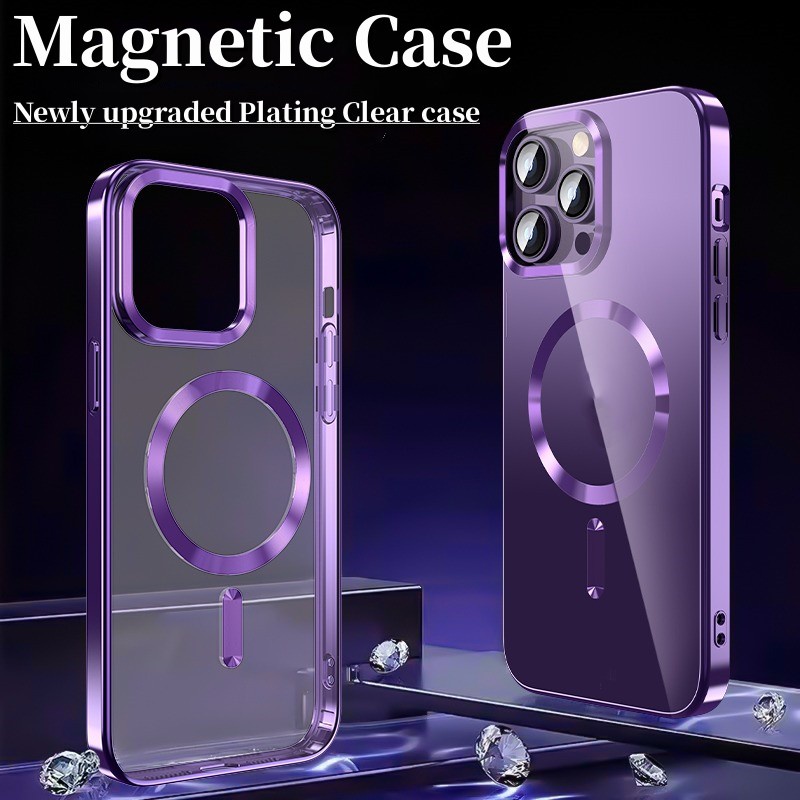 Mới Ốp Điện Thoại Trong Suốt Viền Kim Loại Từ Tính Chống Sốc Cho iphone 14 13 12 11 pro max 15 pro max 15 plus