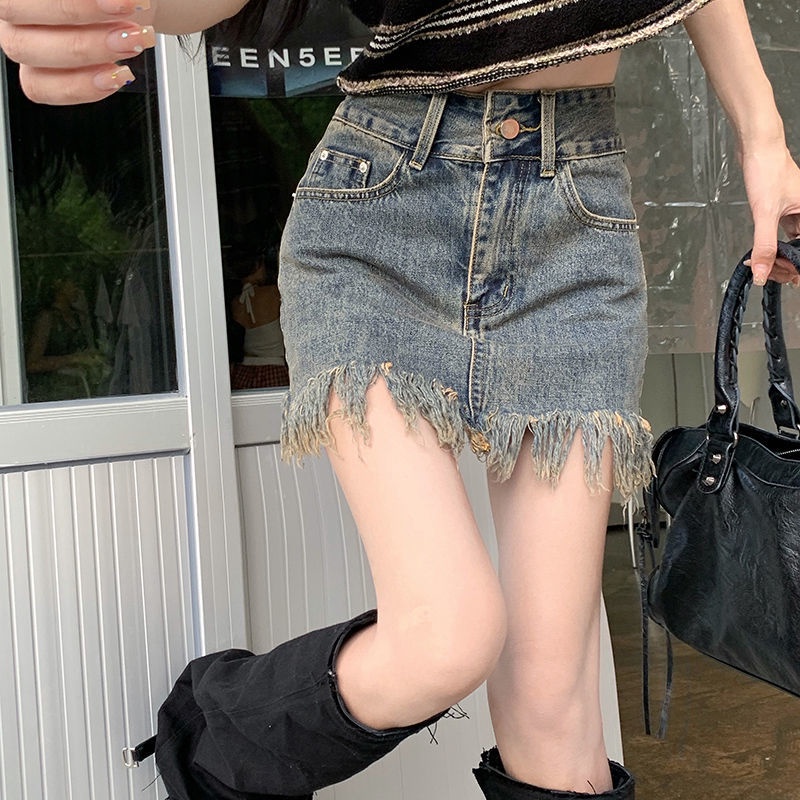 [F &amp; X] Chân Váy Denim Ngắn Dáng Chữ A Lưng Cao Phong Cách Retro Mùa Hè Mới Cho Nữ