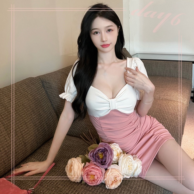 Đầm Tay Ngắn Phồng Ôm Dáng Màu Tương Phản Quyến Rũ Thời Trang Mùa Hè Cho Nữ