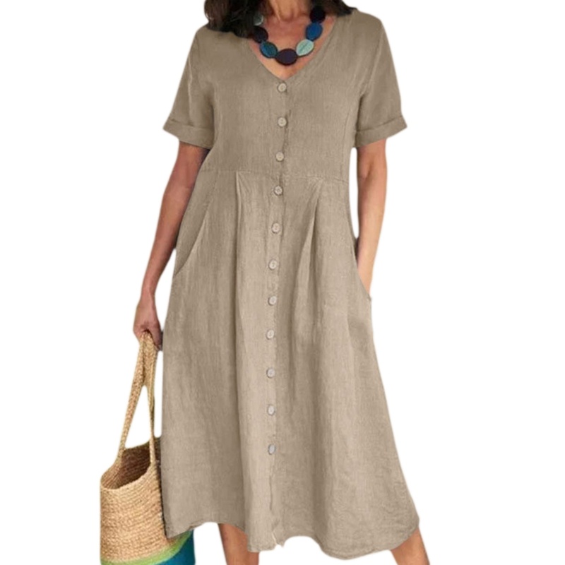 Đầm Dài Tay Ngắn Cổ Chữ V Eo Cao Có Túi Thời Trang Dành Cho Nữ