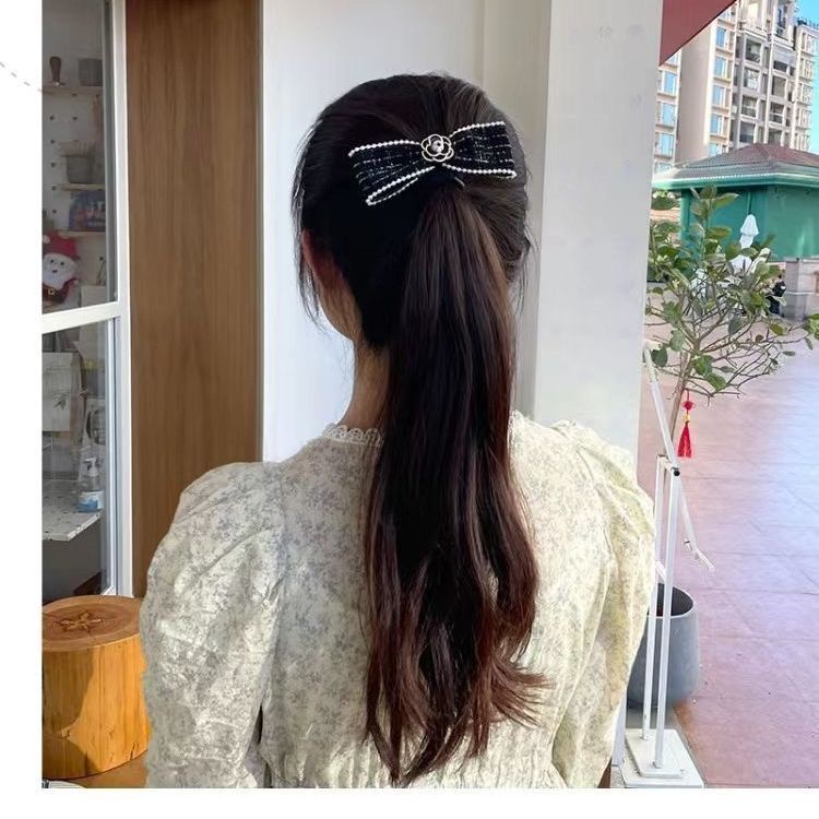 Kẹp Tóc Nơ Đính Hoa Trà Vải Tweed Thanh Lịch Cho Nữ