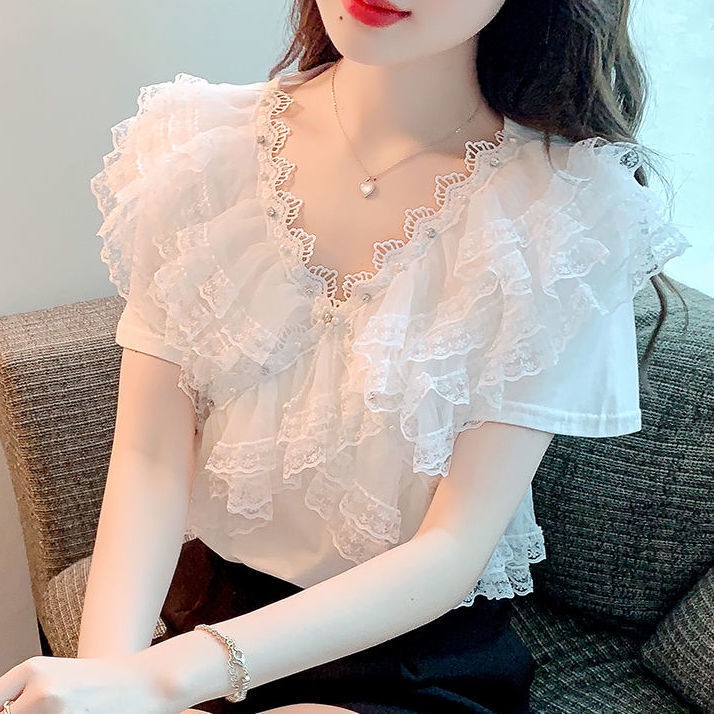 Áo Thun Ngắn Tay Cổ Chữ V Phối Ren Bèo Đính Hạt Ngọt Ngào Thời Trang Mùa Hè Phong Cách Mới 2023