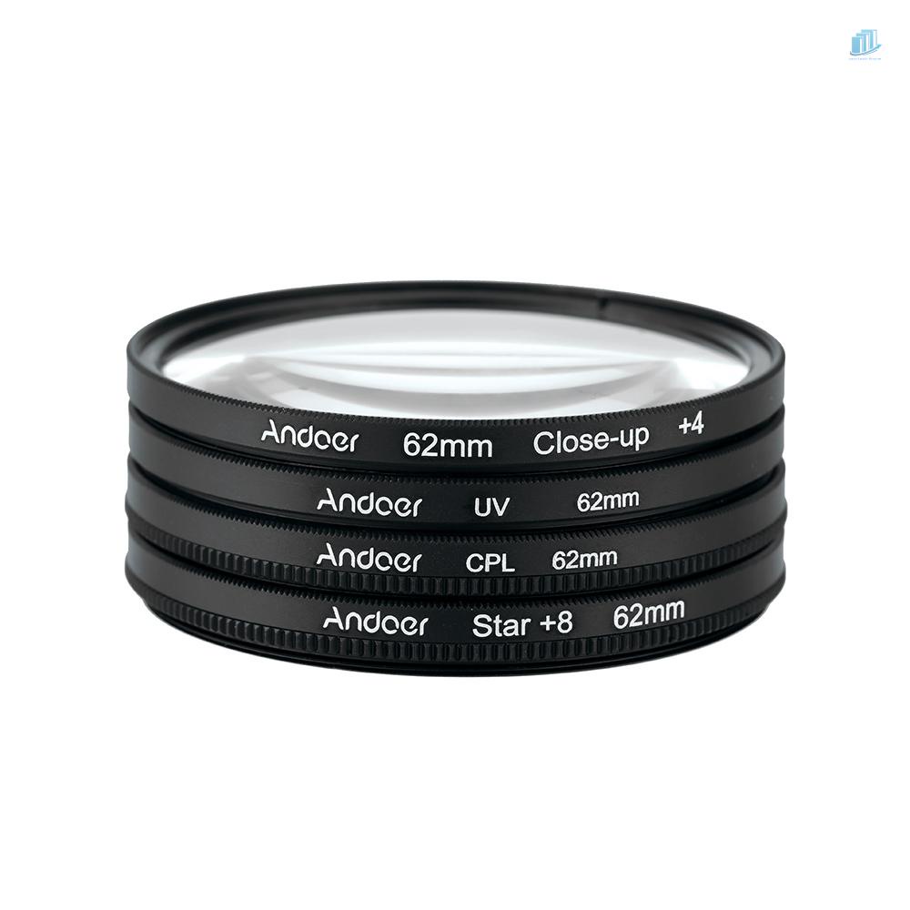 Bộ Kính Lọc Phân Cực Andoer 62mm UV + CPL + Nhắm Lên + 4 + Star 8 Điểm Cho Kính Lọc Hiệu Andoer 62mm Kèm Túi Đựng
