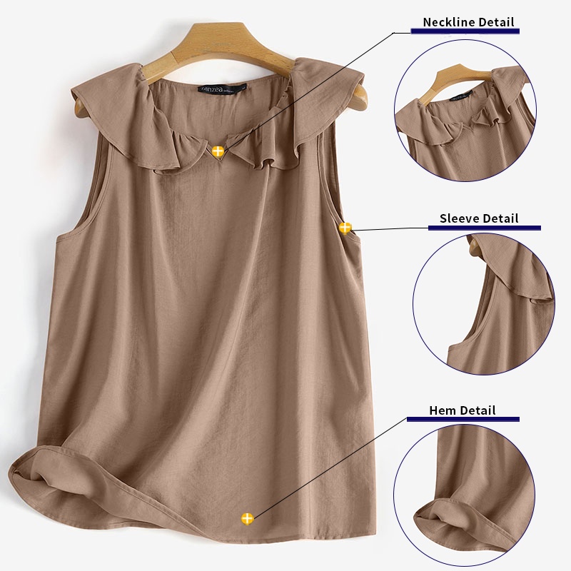 Áo tanktop ZANZEA không tay nhún bèo cổ chữ V phong cách Hàn Quốc cho nữ