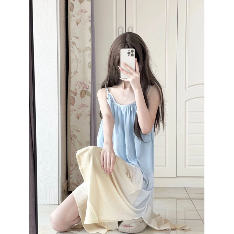 Đồ ngủ Mỏng Không Tay Màu Sắc Gradient Phong Cách Pháp Dành Cho Nữ
