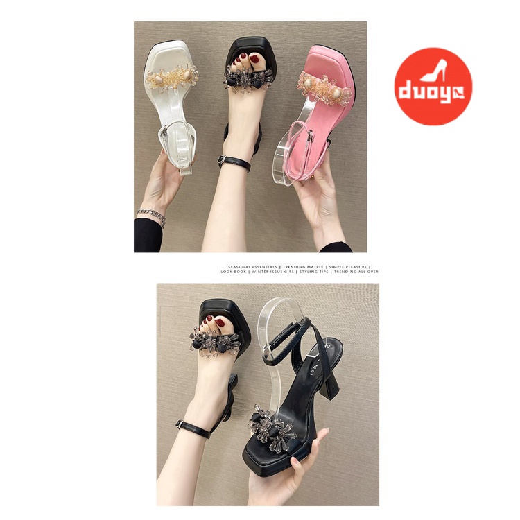 Giày Cao Gót Sandal Mũi Vuông Đính Đá Lấp Lánh Màu Bạc Chống Nước Chống Mòn Thời Trang Mùa Hè 2022 Cho Nữ