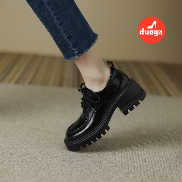 Duoya Giày Da Cao Gót Mũi Vuông Buộc Dây Đế Dày Phong Cách Anh Quốc Hợp Mùa Xuân Thu Cho Nữ
