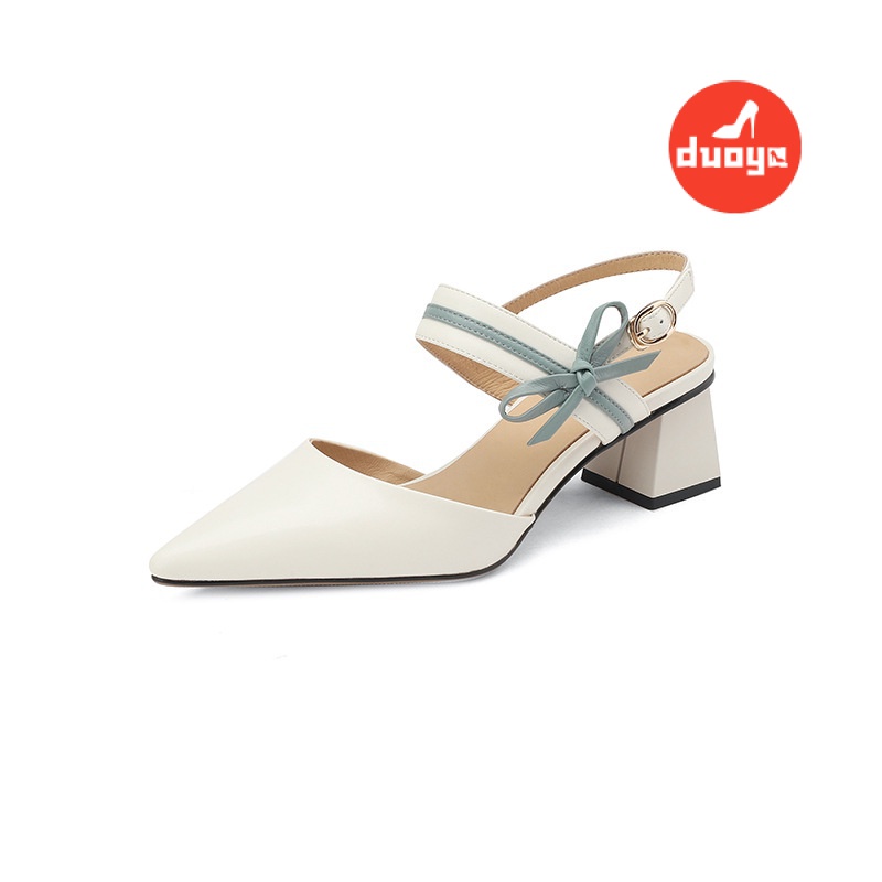 Duoya Tóc Thẳng ~ [Hàng Có Sẵn] Giày Sandal Cao Gót Da Mềm Dày Mùa Hè Có Khóa Cài Thắt Nơ Cho Nữ Miễn Phí Vận Chuyển