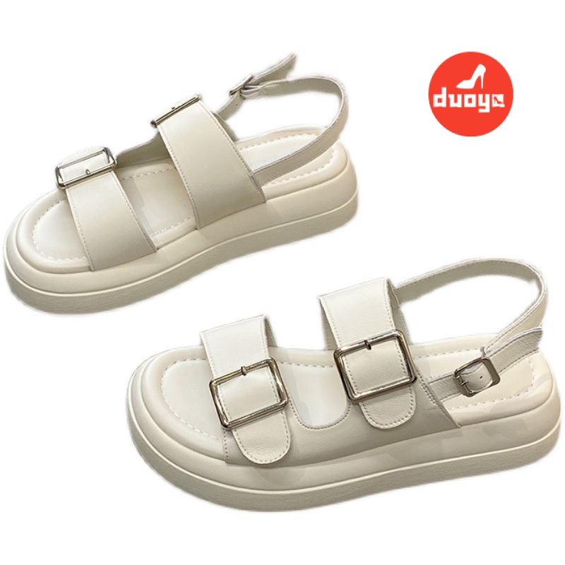 Duoya Tóc Thẳng ~ [Hàng Có Sẵn] Giày Sandal Đế Dày Hở Ngón Bằng Da Mềm Có Khóa Kim Loại Thời Trang Mùa Hè Cho Nữ Miễn Phí Vận Chuyển
