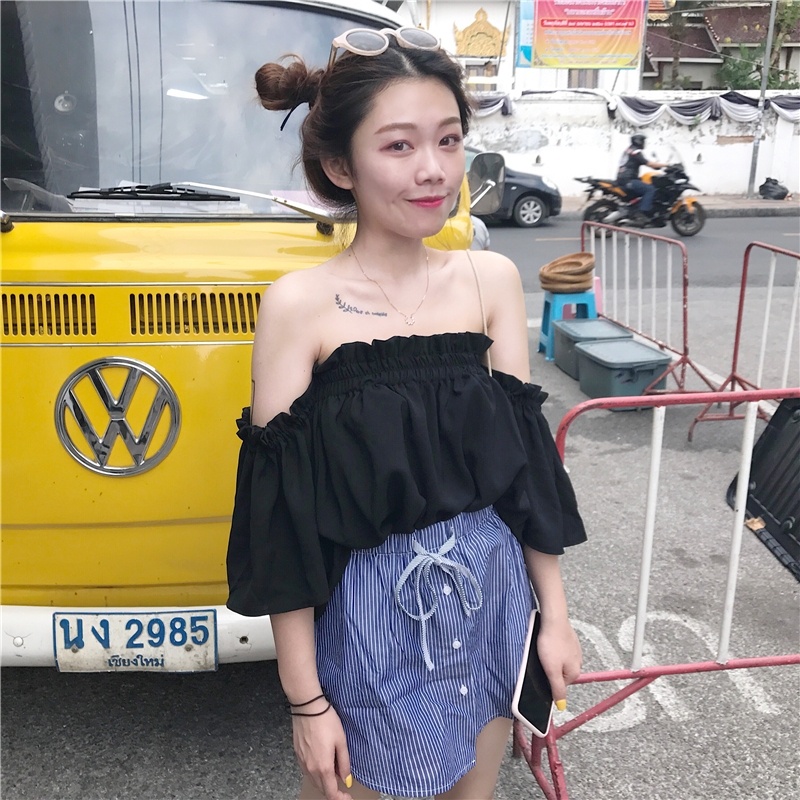 IELGY     Áo chiffon Tay Ngắn Cổ Tròn Trễ Vai Thời Trang Dành Cho Nữ