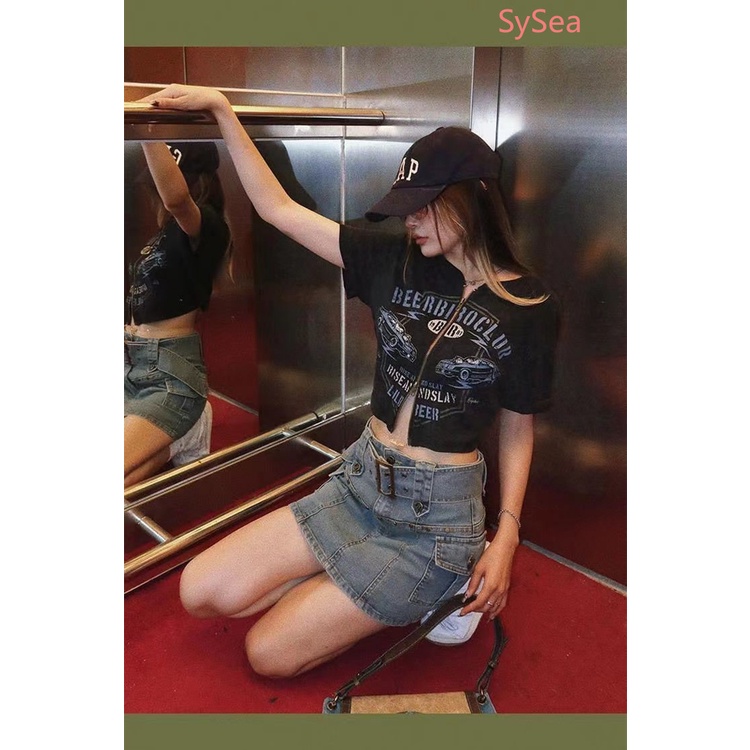 Áo Croptop Phối Khóa Kéo Phong Cách Retro Mỹ Cho Nữ