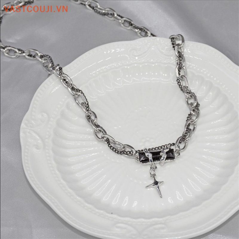 Vòng Cổ Choker Bằng Thép Titan Mặt Thánh Giá Đính Đá Zircon Màu Đen Phong Cách Vintage Hàn Quốc