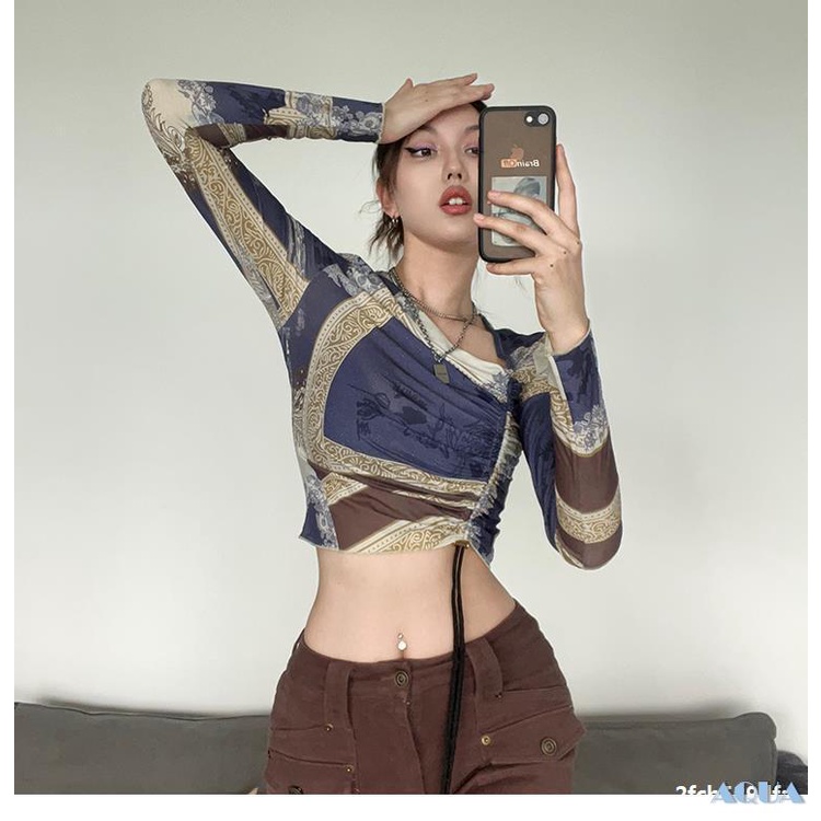 Áo Thun Crop Top Nữ Tay Dài Dáng Ôm In Họa Tiết Kiểu Retro Thời Trang Mùa Thu