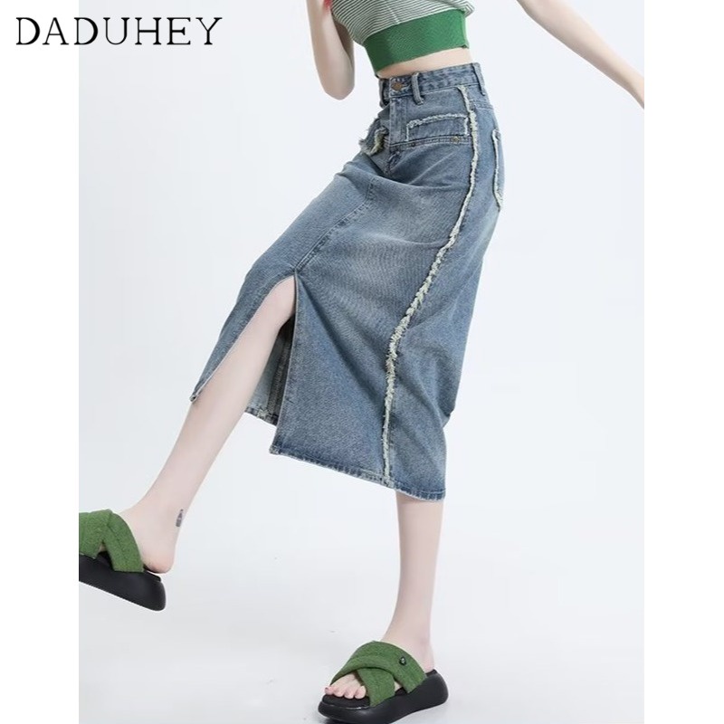 Chân váy DADUHEY denim giặt sờn cắt xẻ dáng chữ A dài lưng cao ôm mông rộng phong cách Hàn Quốc retro mới