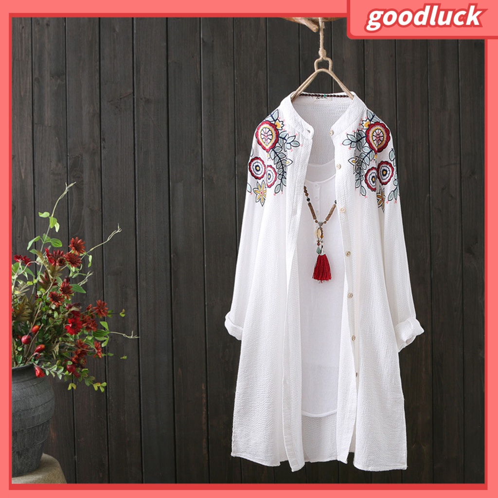 [ULK] Áo Sơ Mi Dài Tay Cổ Đứng Xẻ Một Bên Hông Thêu Họa Tiết Phong Cách Trung Hoa Đường Phố Cho Nữ