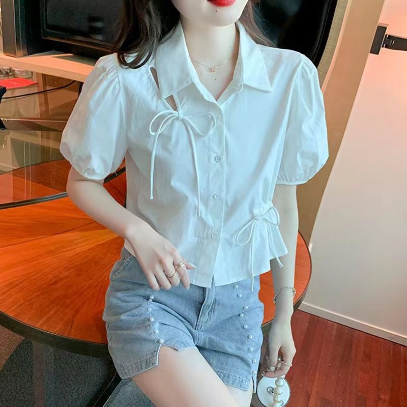 Áo Sơ Mi Tay Ngắn Phồng Ngắn Phối Dây Rút Thời Trang Mùa Hè Hàn Quốc Mới Cho Nữ