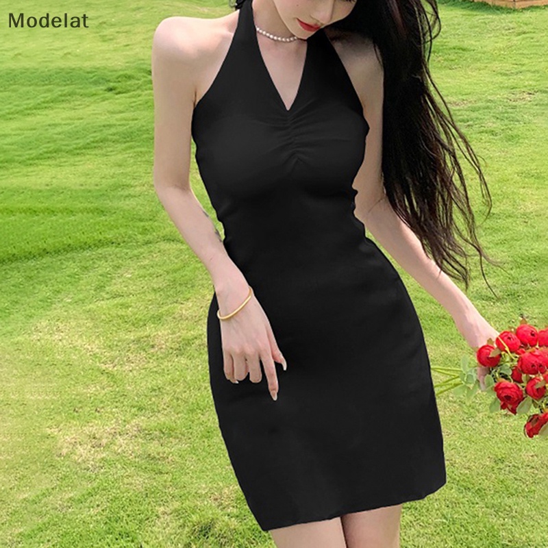 Đầm Hai Dây Cổ Chữ V Hở Lưng Màu Đen Thời Trang Mùa Hè Cho Nữ