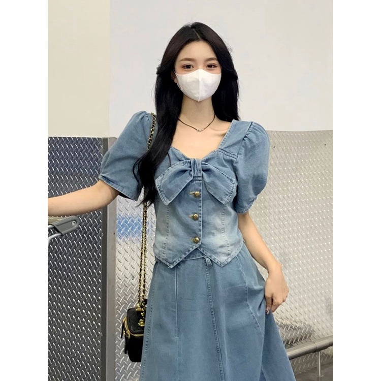 Áo Sơ Mi Denim Tay Phồng Ngắn Dáng Ôm Thời Trang Mùa Hè Dành Cho Nữ