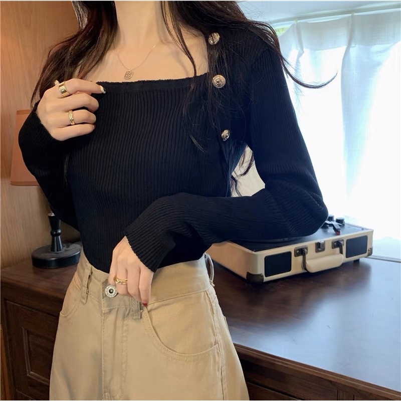 [Hàng Quảng Châu]SP456 Áo len nữ cổ tam giác đính khuy sang trọng