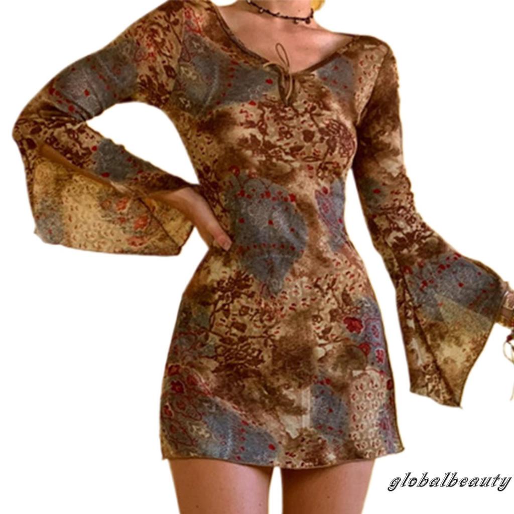 Đầm Nữ Tay Loe Cổ Chữ V Xẻ Tà In Họa Tiết Vintage Gợi Cảm